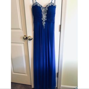 Blue rhinestone strapless prom dress